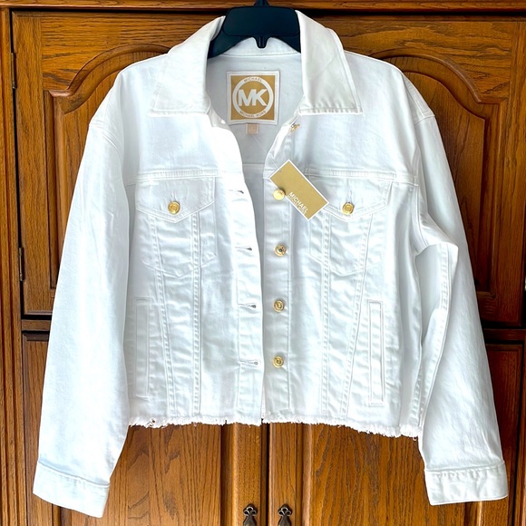 Brand New Michael Kors White Jean Jacket Gold Tone Button Up Frayed Base - Picture 13 of 13